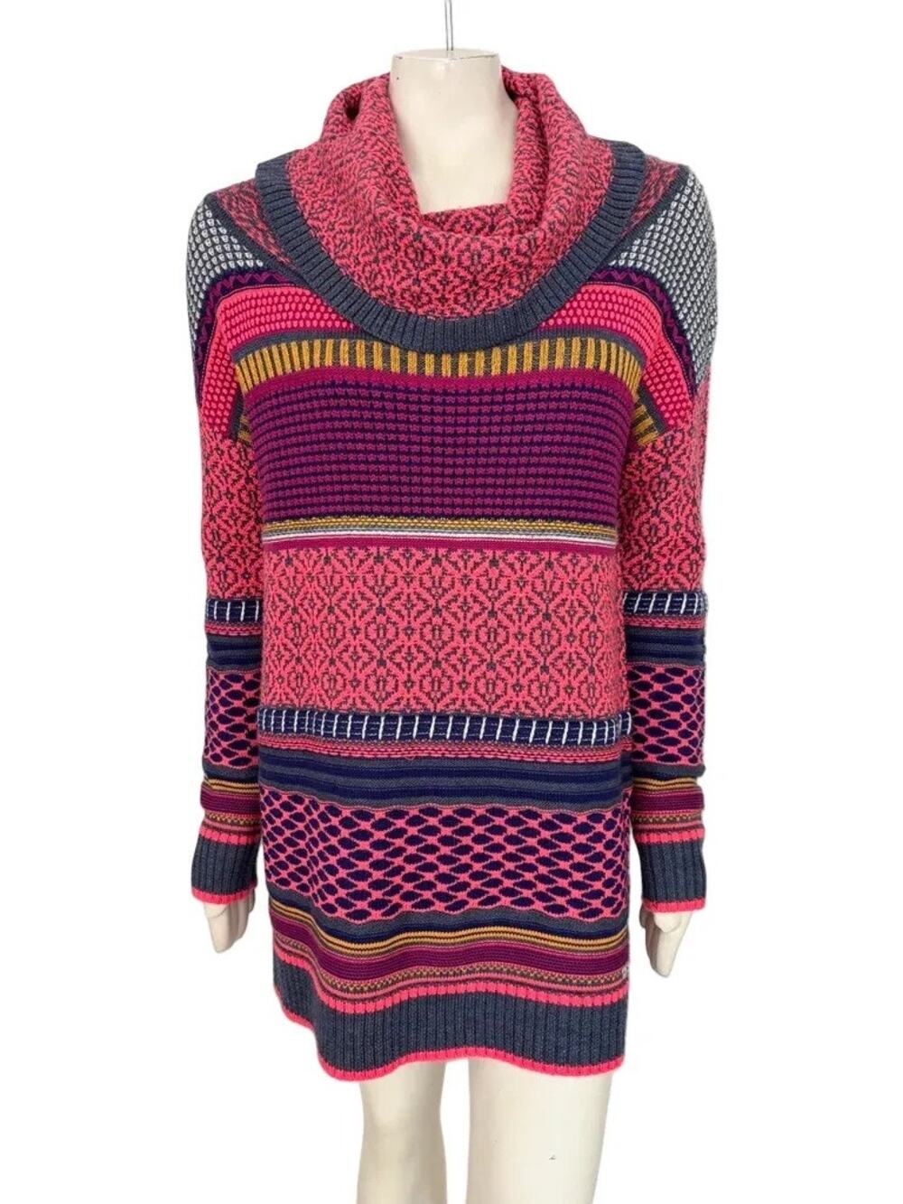 SPYDER Tura Merino Wool Cowl Neck Tunic Sweater Fair Isle stripe SZ L